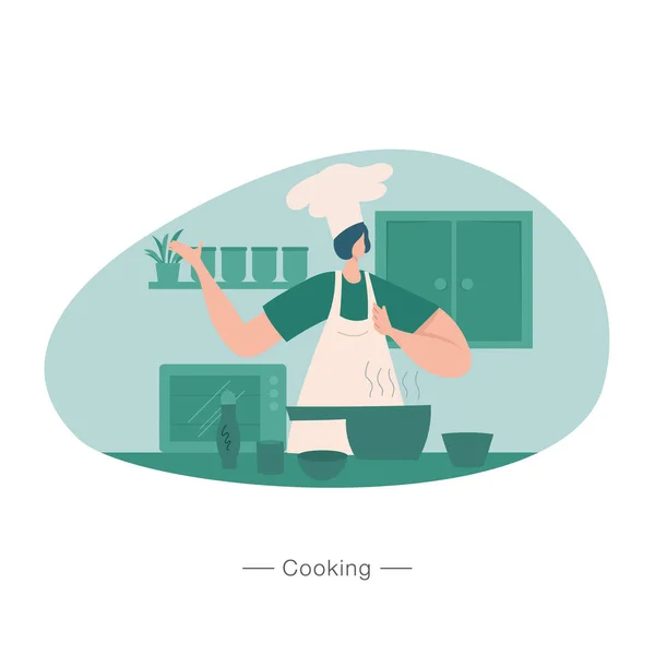 キッチンフラットベクトルイラストで料理する女性 — ストックベクタ