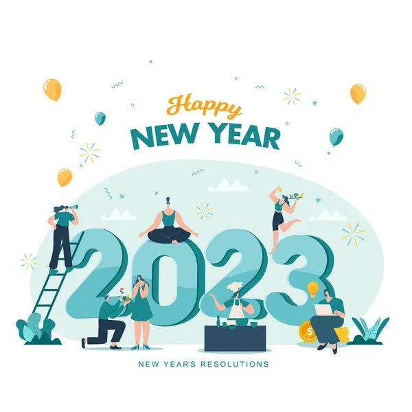 新年快乐2023年 2023目标和决议概念说明 在2023年 小人们在玩乐他们的目标 — 图库矢量图片