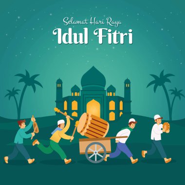 Selamat hari raya Idul Fitri, çeviri: Mübarek bayramını kutlamak için bir grup gençle birlikte büyük bir ahşap davul gösterisi yapan mutlu bayram mübareği.