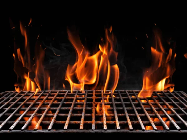 Barbecue Grill With Fire Flames - Empty Fire Grid On Black Background, Generative ai