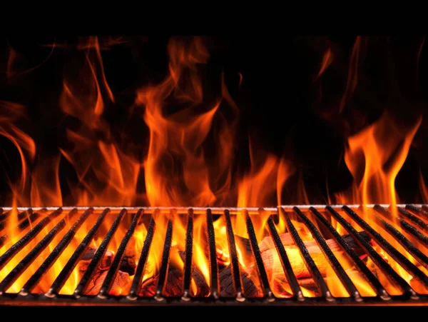Barbecue Grill With Fire Flames - Empty Fire Grid On Black Background, Generative ai