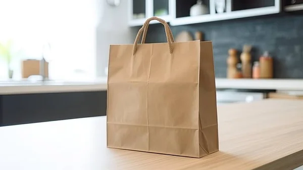 Blank craft paper bag on modern kitchen room interior background , online shopping ,digital ai art