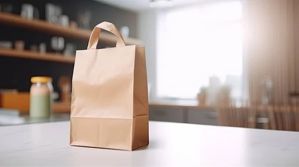 Blank craft paper bag on modern kitchen room interior background , online shopping ,digital ai art