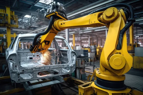 manufacture of new cars in workshop of automobile industry robotic arm ,digital ai art