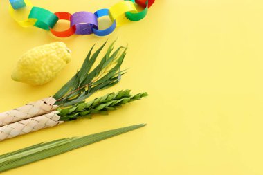 Sukkot Yahudi Festivali. Geleneksel semboller (dört tür): Etrog (citron), lulav (palmiye dalı), hadas (mersin ağacı), arava (söğüt ağacı))