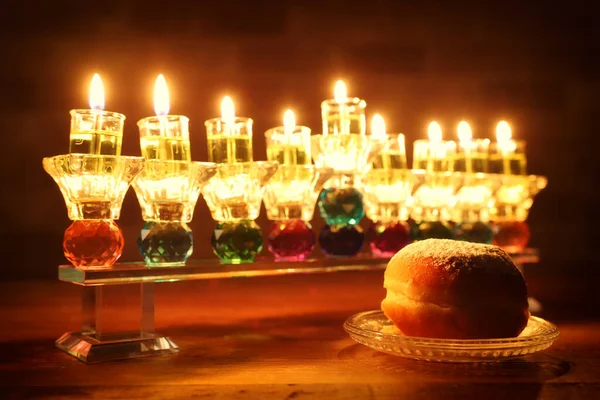 Image Jewish Holiday Hanukkah Background Crystal Menorah Traditional Candelabra Oil — Stock Photo, Image