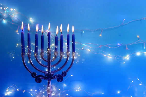 Image Jewish Holiday Hanukkah Menorah Traditional Candelabra Candles Garland Glitter — Stock Photo, Image