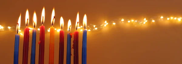 Imagen Fiesta Judía Hanukkah Con Menorah Candelabros Tradicionales Velas — Foto de Stock