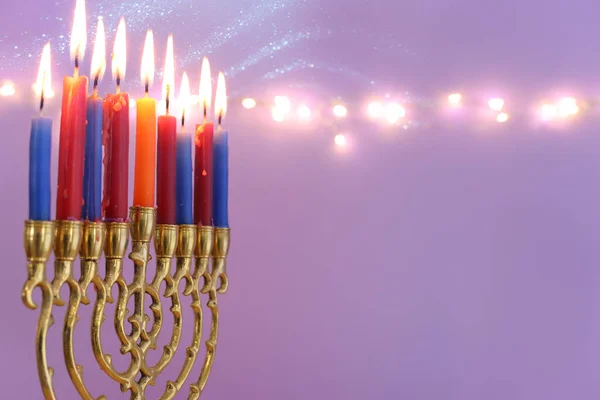 Imagem Férias Judaicas Hanukkah Com Menorah Candelabro Tradicional Velas — Fotografia de Stock