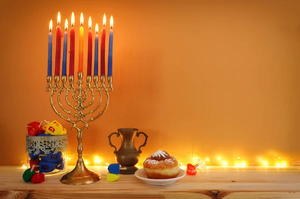 Religion Image Jewish Holiday Hanukkah Background Menorah Traditional Candelabra Doughnut — Stock Photo, Image