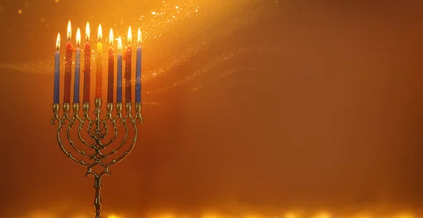 Imagen Fiesta Judía Hanukkah Con Menorah Candelabros Tradicionales Velas —  Fotos de Stock