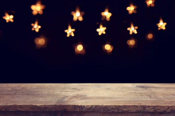 Empty Wooden Table Front Christmas Garland Lights Ready Product Presentation — Stock Photo, Image