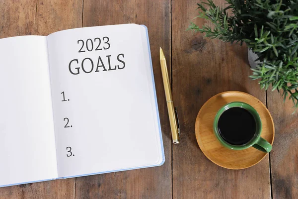 Business Concept Top View 2023 Goals List Notebook Cup Coffee — Stock Photo, Image