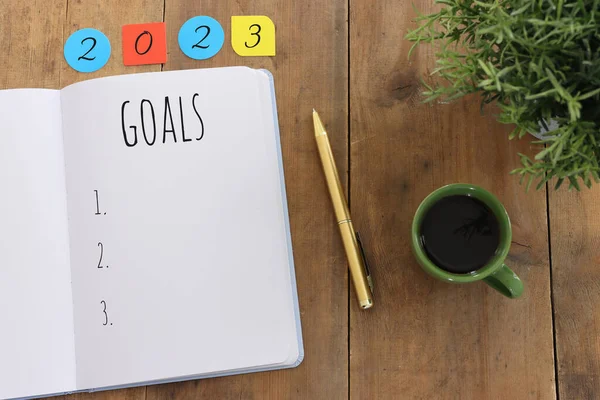 Business Concept Top View 2023 Goals List Notebook Cup Coffee — Stock Photo, Image