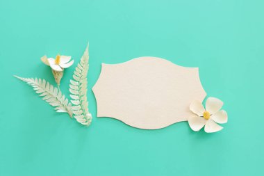 Pastel mavi arkaplan üzerinde beyaz kuru çiçeklerin üst görünümü yatıyordu.