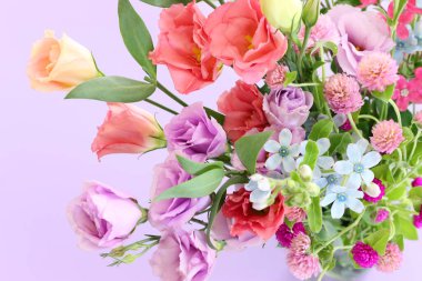 Top view image of pink and purple flowers composition over pastel background