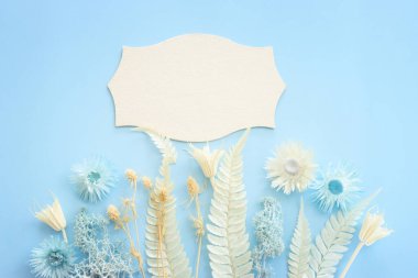 Pastel mavi arkaplan üzerinde beyaz kuru çiçeklerin üst görünümü yatıyordu.