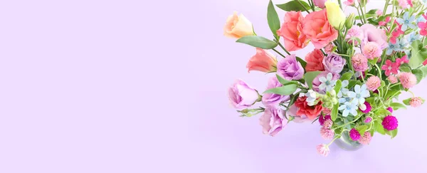 Horní Pohled Obrázek Růžové Fialové Květy Složení Přes Pastelové Pozadí — Stock fotografie