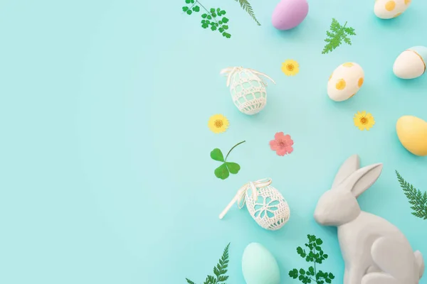 Cute Bunny Next Easter Colorful Eggs Blue Pastel Background — Foto de Stock