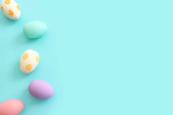 Top View Easter Colorful Eggs Pastel Blue Background — Stockfoto