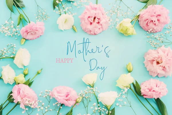 Mother Day Concept Pink Flowers Pastel Blue Background — Stock Photo, Image