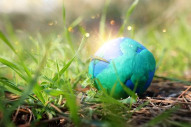 Ormandaki parlak güneş ışığıyla yeryüzünün modeli. Sürdürülebilirlik ve ekoloji kavramı