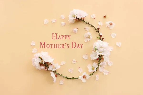 stock image mother's day concept with spring white cherry tree flowers over pastel yellow background