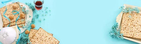 Pesah Celebration Concept Jewish Passover Holiday Pastel Blue Background — Stock Photo, Image