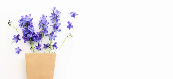 Imagen Vista Superior Composición Flores Delphinium Violeta Sobre Fondo Aislado — Foto de Stock