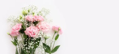 Hassas beyaz ve pembe çiçek arkaplanının üst görünümü