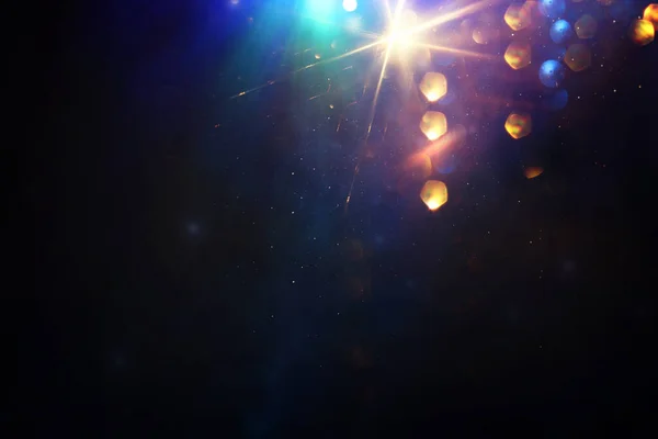Sfondo Luci Glitter Astratte Oro Blu Nero Focalizzata — Foto Stock