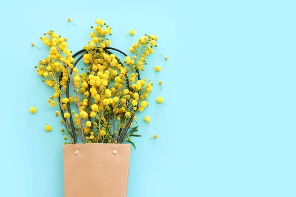 Bahar Sarısı Mimoza Çiçeklerinin Üst Görünümü Pastel Mavi Arkaplan Üzerindeki — Stok fotoğraf