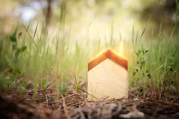 自然の中で小さな家のコンセプトイメージ 生態学 太陽エネルギー 持続可能性の考え方 — ストック写真