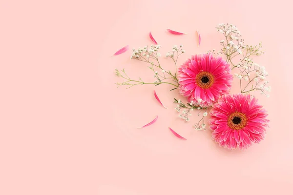 Horní Pohled Obrázek Krásné Květiny Složení Přes Pastelové Růžové Pozadí — Stock fotografie