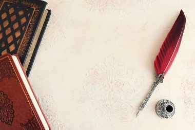 Kırmızı tüylü kaliteli mürekkep kalemi.