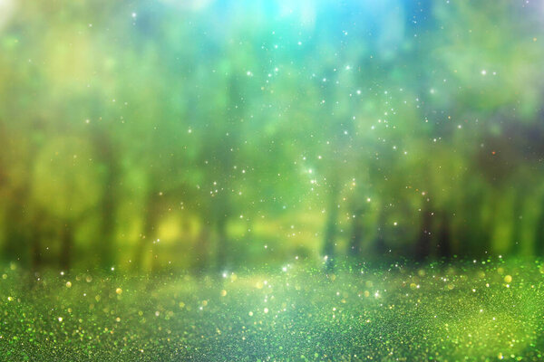 Abstract background of bright green lights in the forest, eco and magical concept