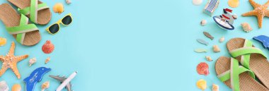 Deniz, tatil ve seyahat afiş deniz yaşam tarzı nesnelerle. Üstten Görünüm