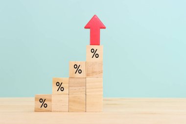 Yüzde işaretli tahta küpler yükseliyor, iş büyümesi, finans ve gelir artışı kavramı