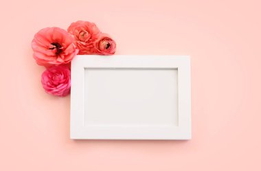 Pembe çiçeklerin üst görüntüsü ve pastel arka plan üzerinde beyaz ahşap çerçeve. Model oluşturmak için, alanı kopyala