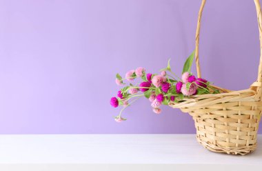 Hasır sepetin içinde ahşap masa ve mor arkaplan üzerine pembe çiçek resmi