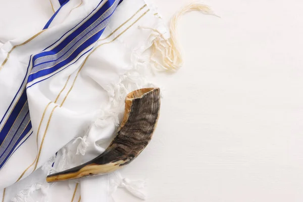 Religion Image Shofar Horn White Prayer Talit Rosh Hashanah Jewish — Stock Photo, Image