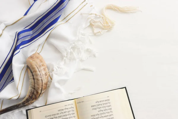 Religion Image Shofar Horn White Prayer Talit Rosh Hashanah Jewish — Stock Photo, Image