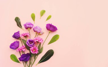 Pastel arkaplan üzerinde pembe ve mor çiçek kompozisyonu üst görünüm .Düz yatıyordu.