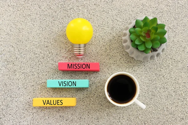 Top view image with wooden cubes with the text vision, mission, values