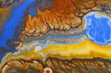 Soyut mermer efekt arka planının sanat fotoğrafçılığı sarı, mavi, altın ve bakır yaratıcı renklerle. Güzel boya..