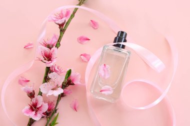 Pastel pembe zemin üzerinde kiraz ağacı çiçekleri olan zarif parfüm şişesinin üst görüntüsü. Kozmetik, parfüm ve parfüm konsepti