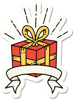 Şeffaf arkaplanda dövme stili hediye kutusunun etiketi