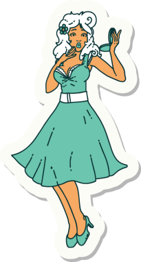 Geleneksel bir dövme stili olan orijinal bir dövme. Şaşırmış bir kız.