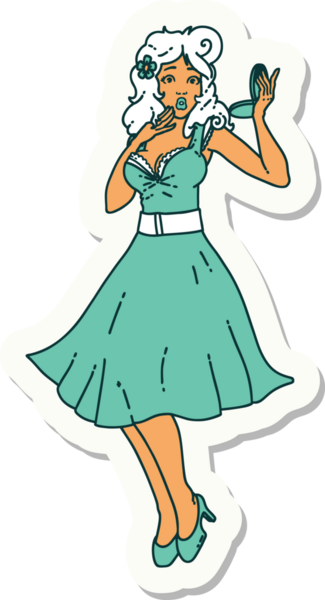 Geleneksel bir dövme stili olan orijinal bir dövme. Şaşırmış bir kız.