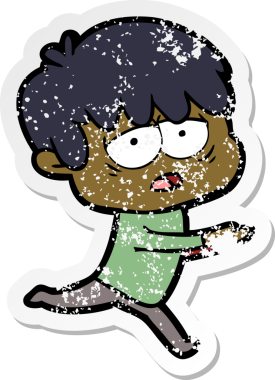 Çizgi filmin orijinal sıkıntılı çıkartması. Bitkin çocuk.